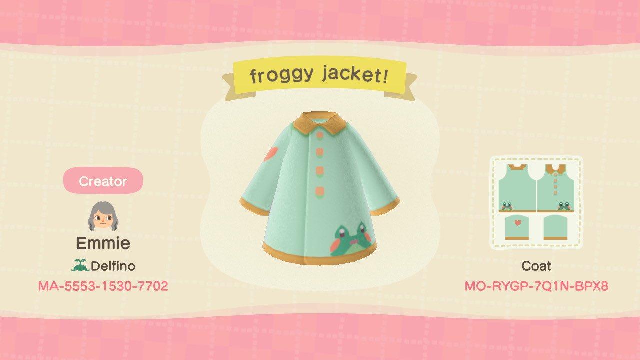 Animal Crossing Design Code: MO-RYGP-7Q1N-BPX8 froggy jacket!
