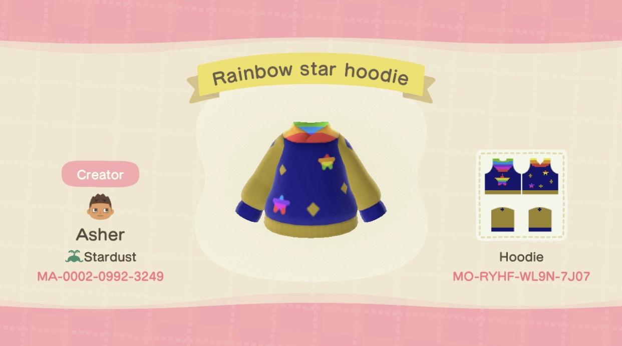 Animal Crossing Design Code: MO-RYHF-WL9N-7J07 Rainbow star hoodie