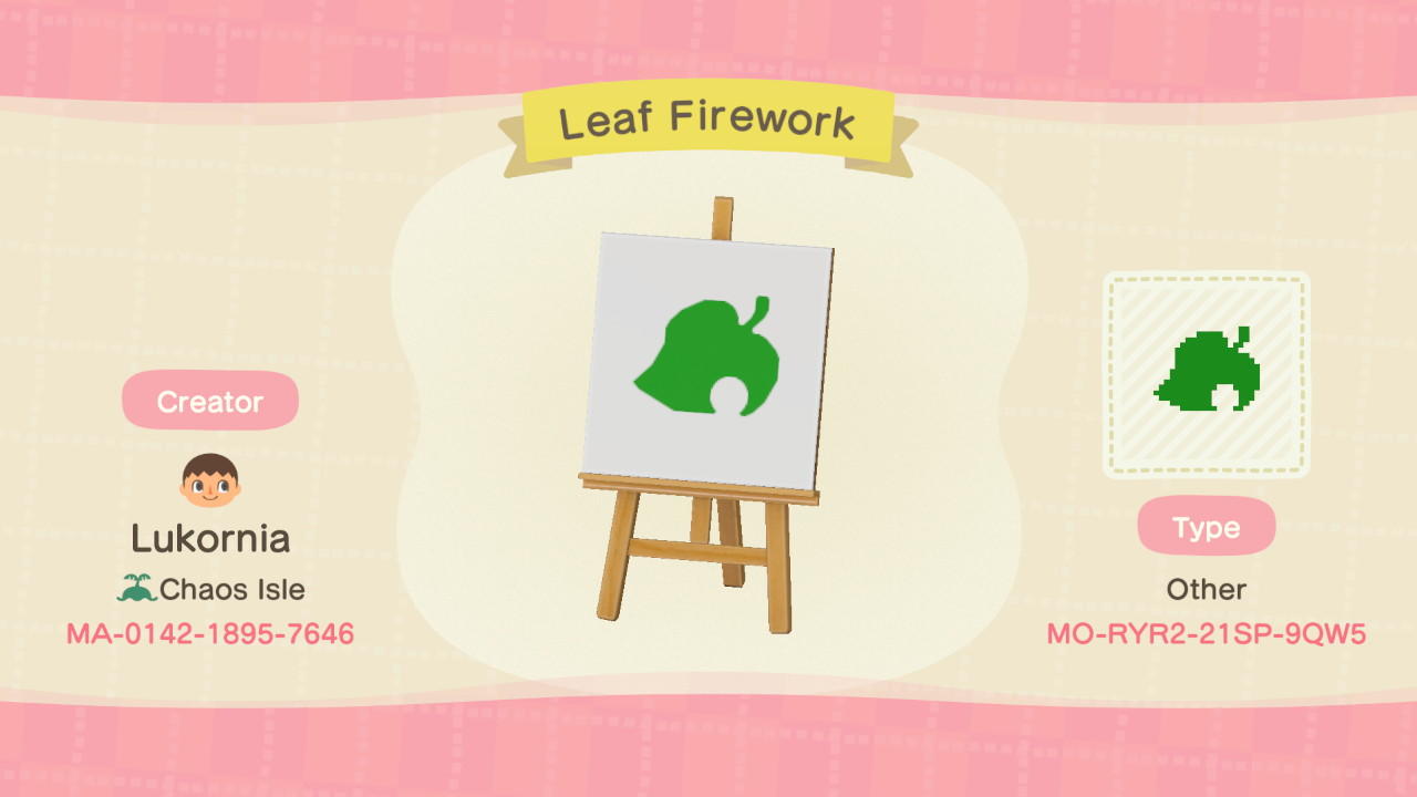 Animal Crossing Design Code: MO-RYR2-21SP-9QW5 Leaf Firework