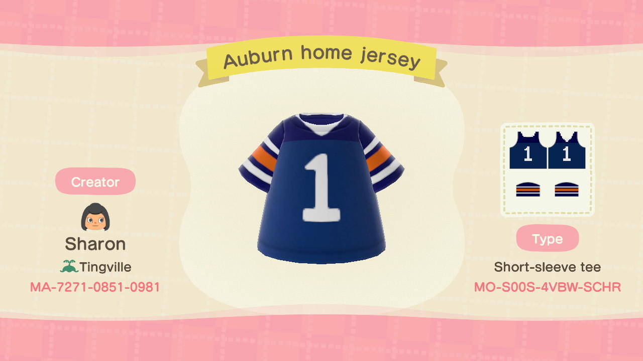 Animal Crossing Design Code: MO-S00S-4VBW-SCHR Auburn Jersey