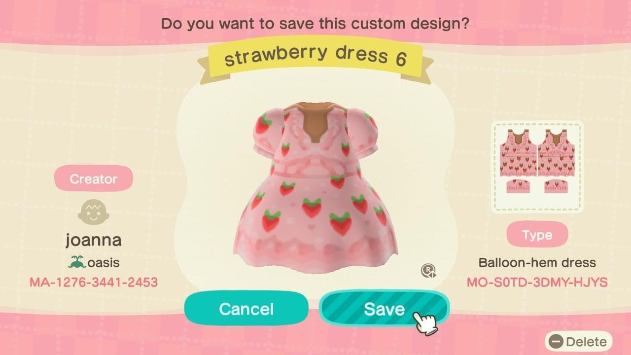 Animal Crossing Design Code: MO-S0TD-3DMY-HJYS strawberry dress