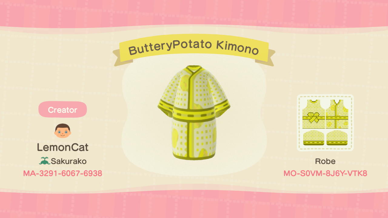 Animal Crossing Design Code: MO-S0VM-8J6Y-VTK8 BUtteryPotato Kimono