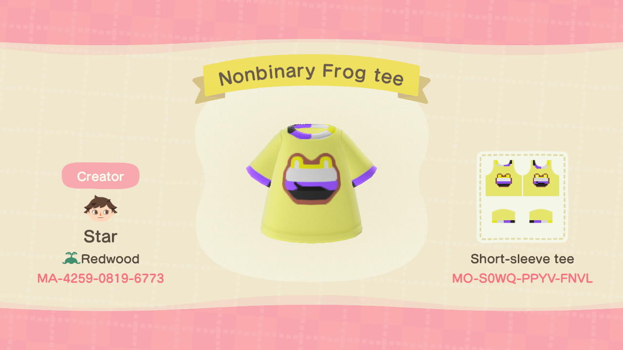 Animal Crossing Design Code: MO-S0WQ-PPYV-FNVL Nonbinary frog tee