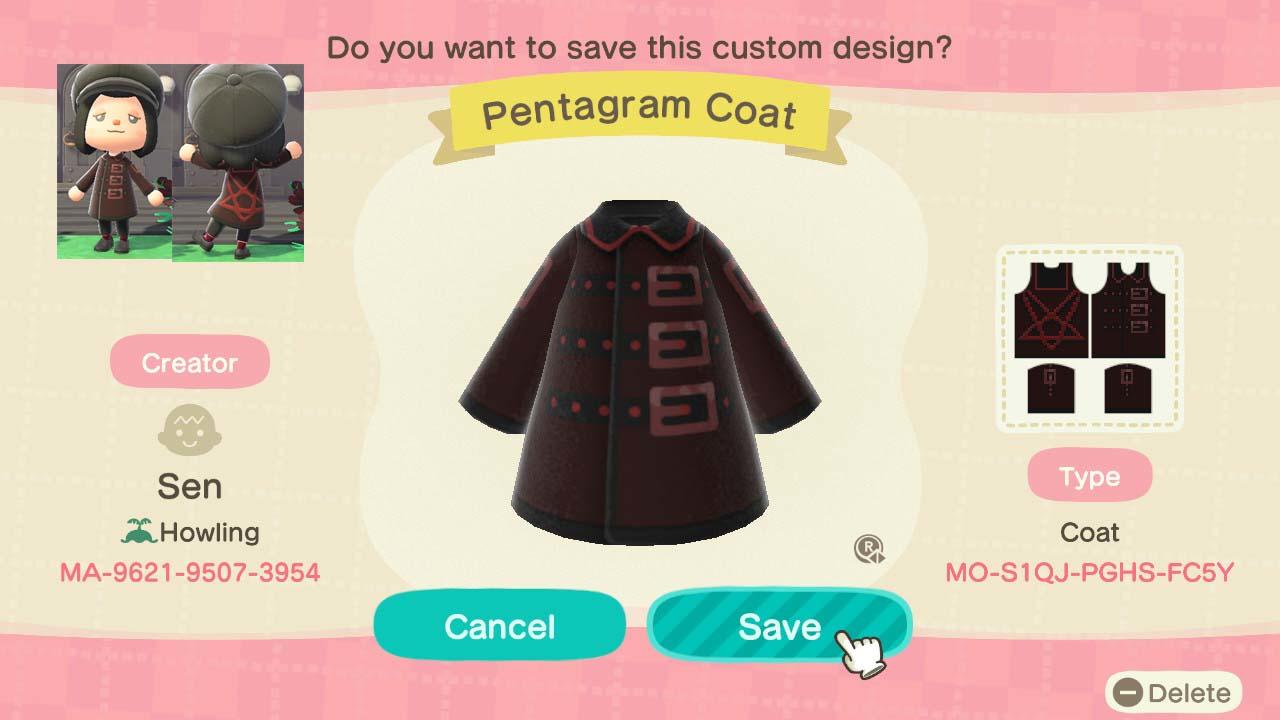 Animal Crossing Design Code: MO-S1QJ-PGHS-FC5Y Pentagram Coat