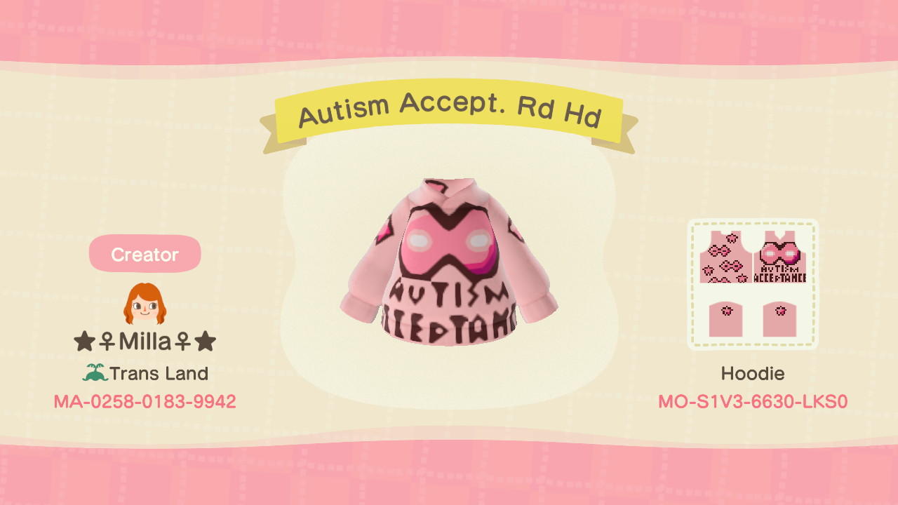 Animal Crossing Design Code: MO-S1V3-6630-LKS0 Autism Accept. Rd Hd
