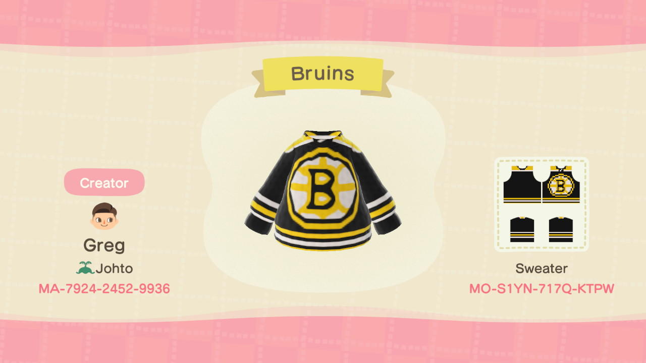 Animal Crossing Design Code: MO-S1YN-717Q-KTPW Boston Bruins Jersey