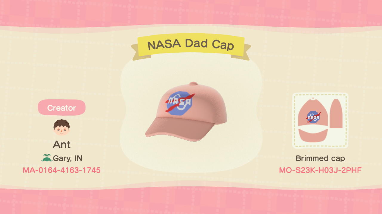 Animal Crossing Design Code: MO-S23K-H03J-2PHF NASA Dad Cap