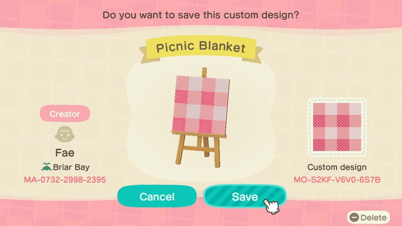 Animal Crossing Design Code: MO-S2KF-V6V0-6S7B Picnic Blanket