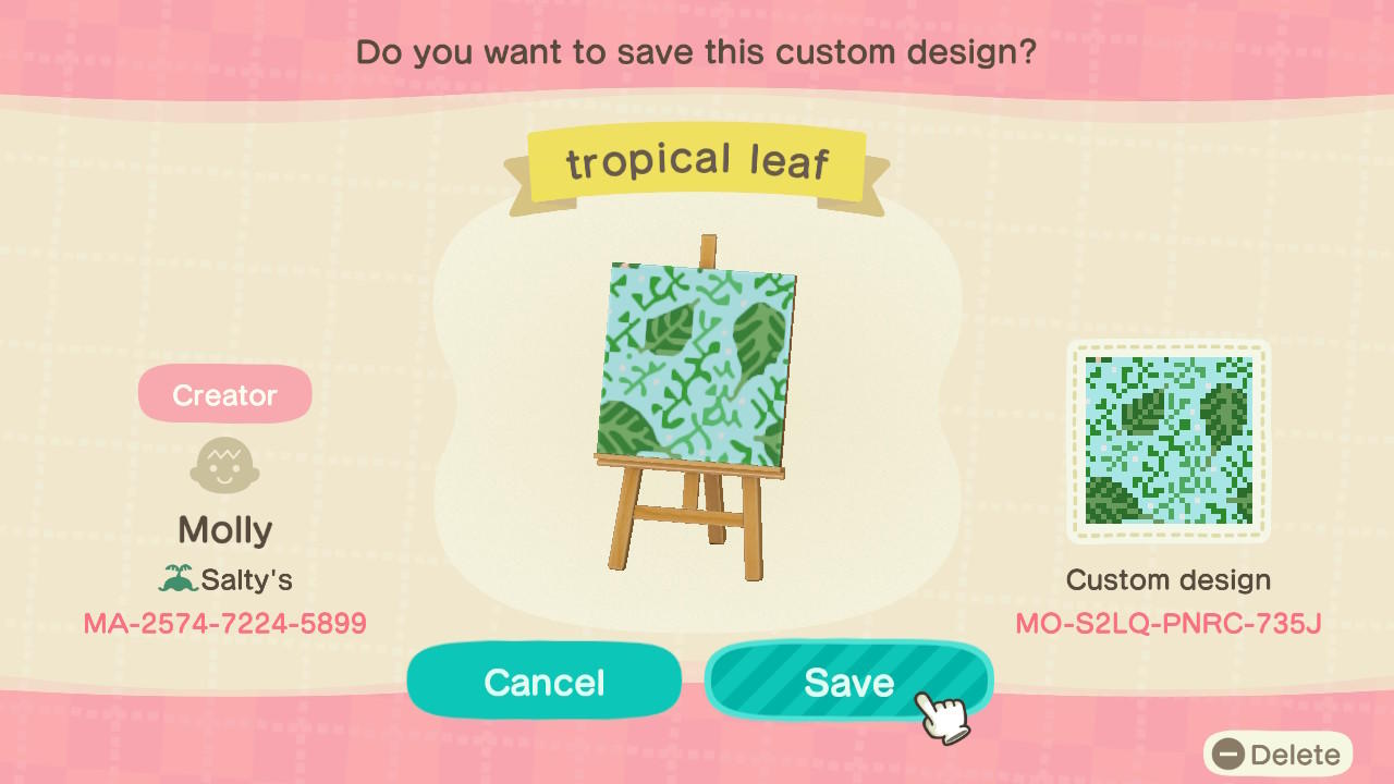 Animal Crossing Design Code: MO-S2LQ-PNRC-735J Tropical Leaf