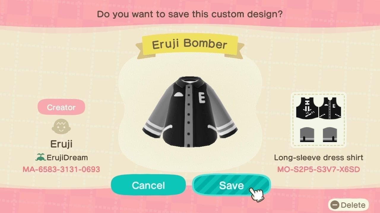 Animal Crossing Design Code: MO-S2P5-S3V7-X6SD Eruji Bomber Jacket