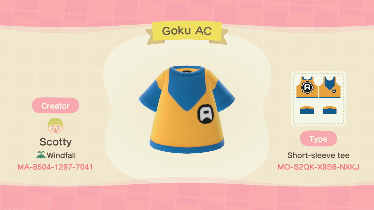 Animal Crossing Design Code: MO-S2QK-X9S6-NXKJ Goku’s Gi (AC)