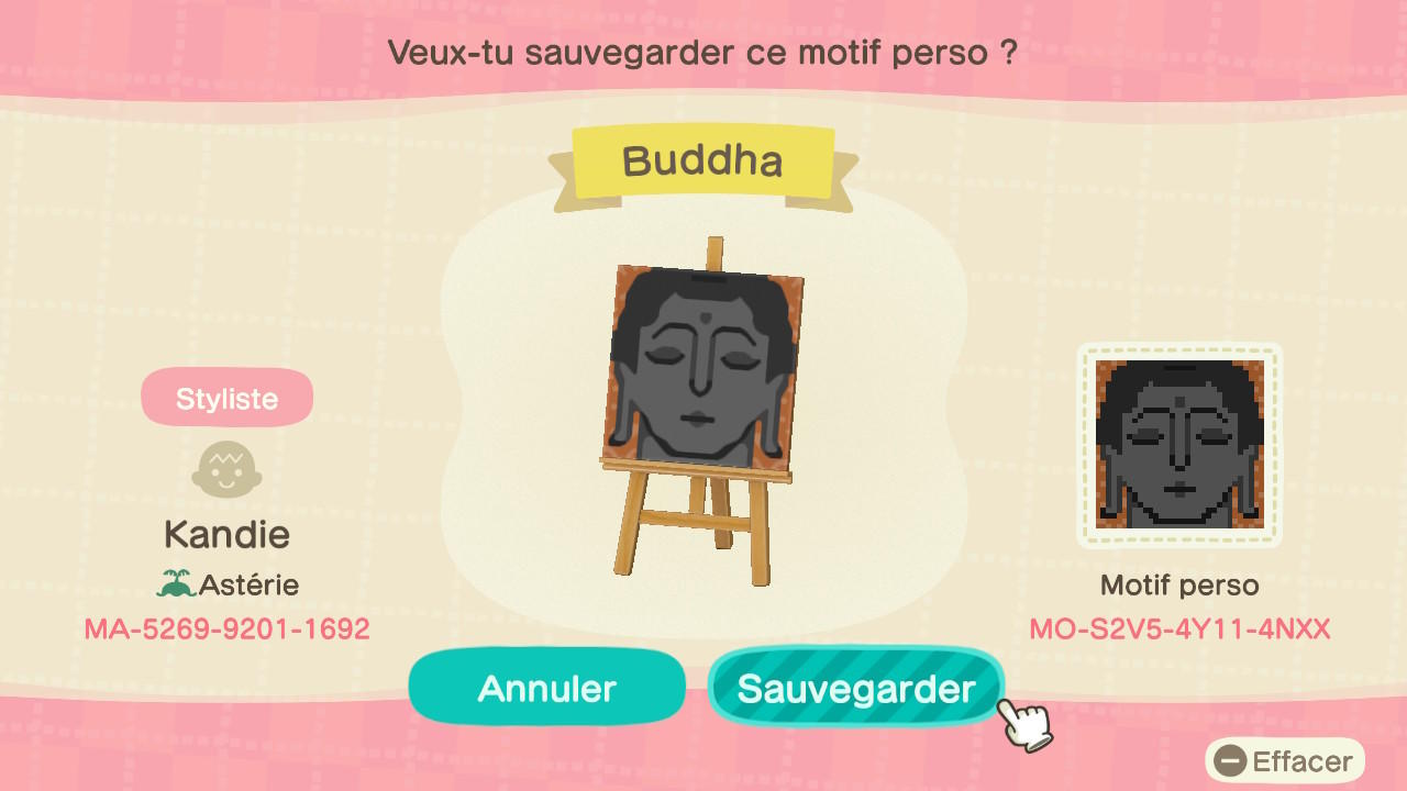 Animal Crossing Design Code: MO-S2V5-4Y11-4NXX Buddha