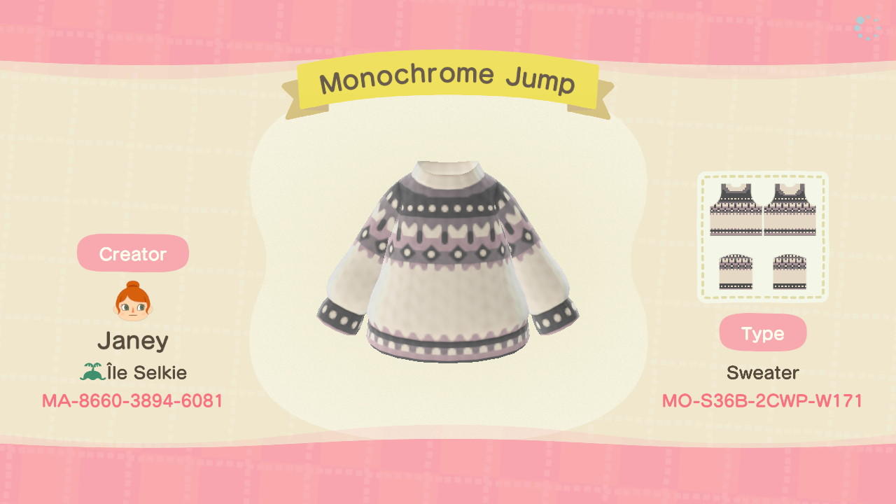Animal Crossing Design Code: MO-S36B-2CWP-W171 Monochrome Jumper
