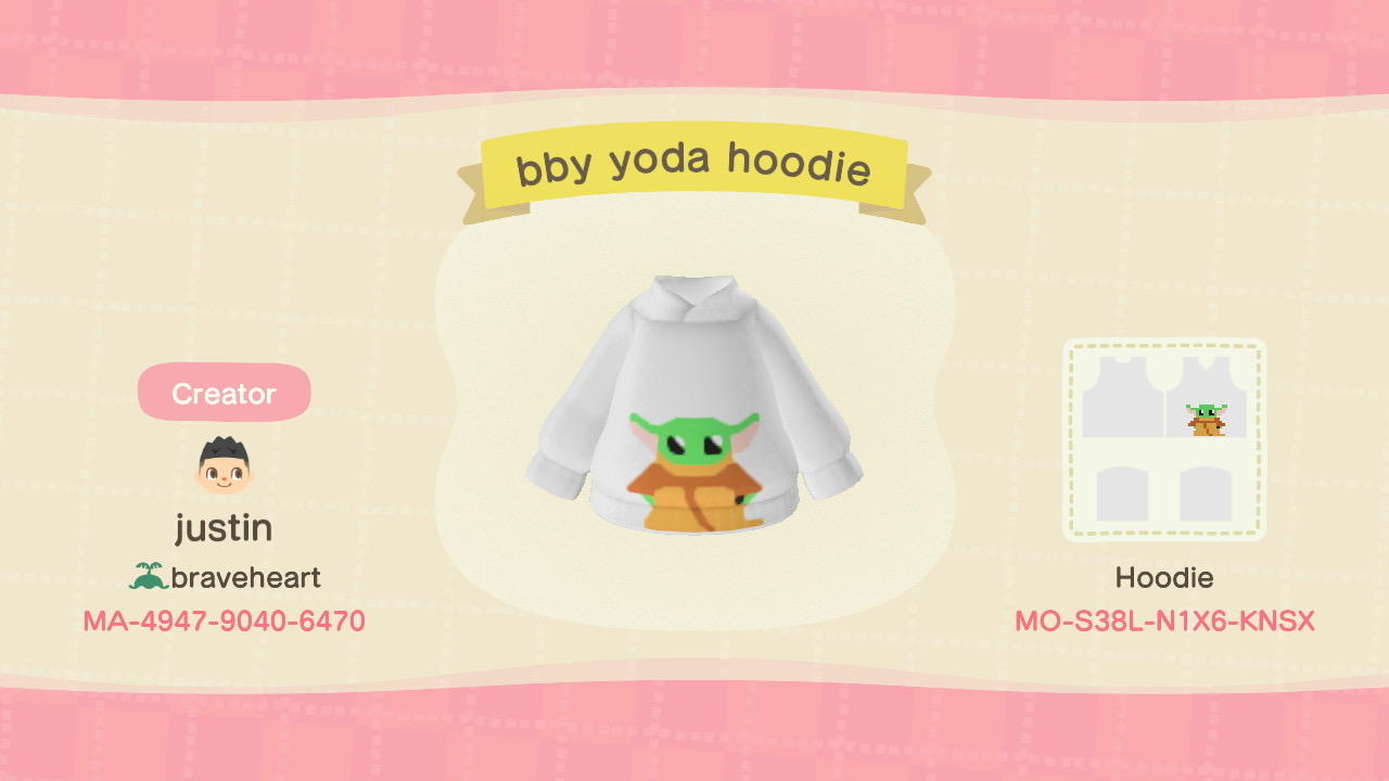 Animal Crossing Design Code: MO-S38L-N1X6-KNSX Baby Yoda Hoodie