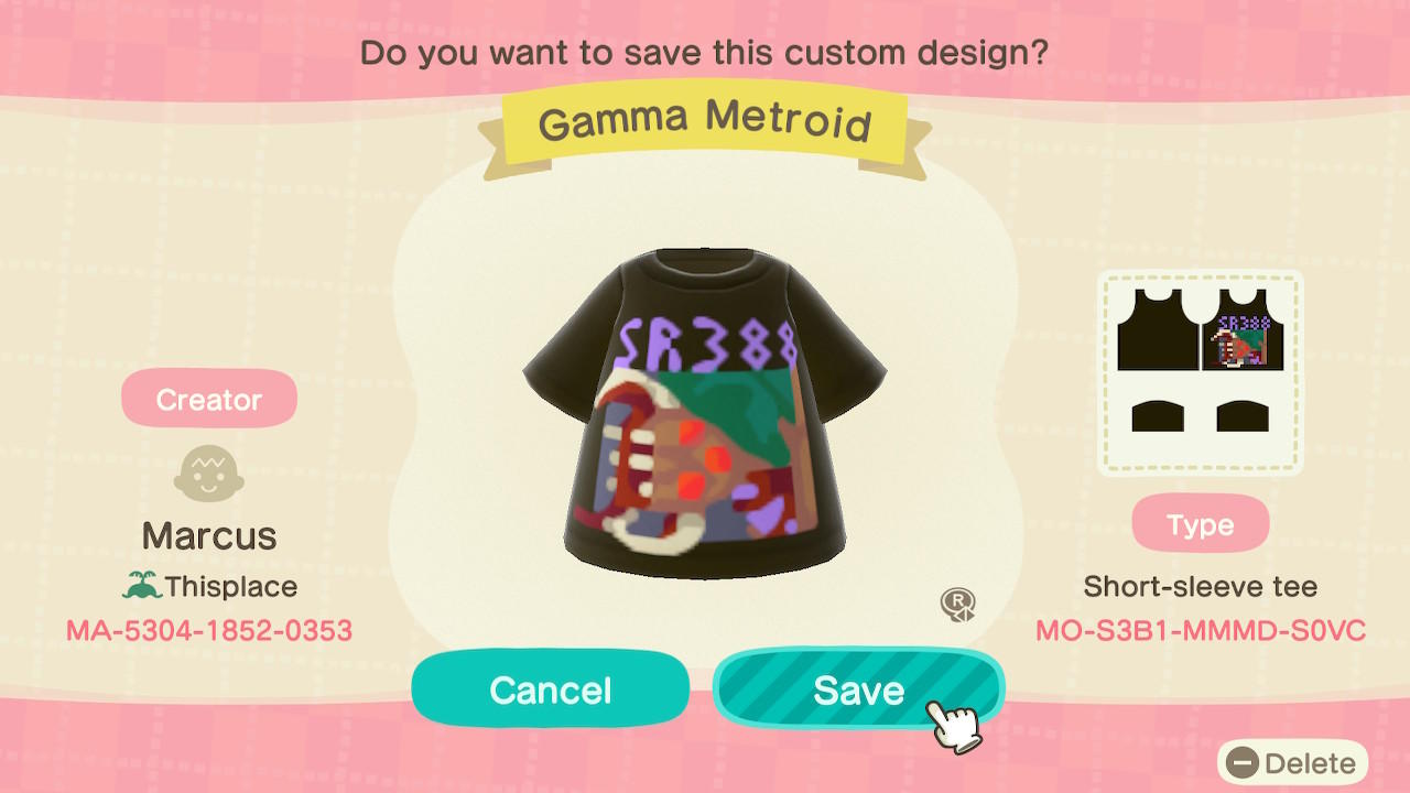 Animal Crossing Design Code: MO-S3B1-MMMD-S0VC Gamma Metroid