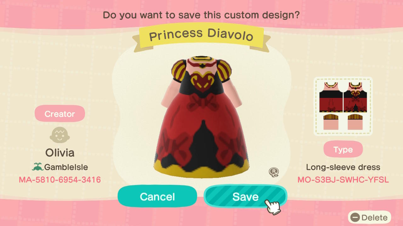 Animal Crossing Design Code: MO-S3BJ-SWHC-YFSL Princess Diavolo