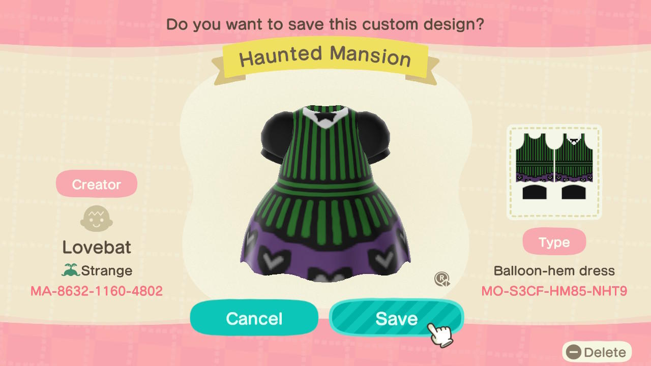 Animal Crossing Design Code: MO-S3CF-HM85-NHT9 Haunted Mansion