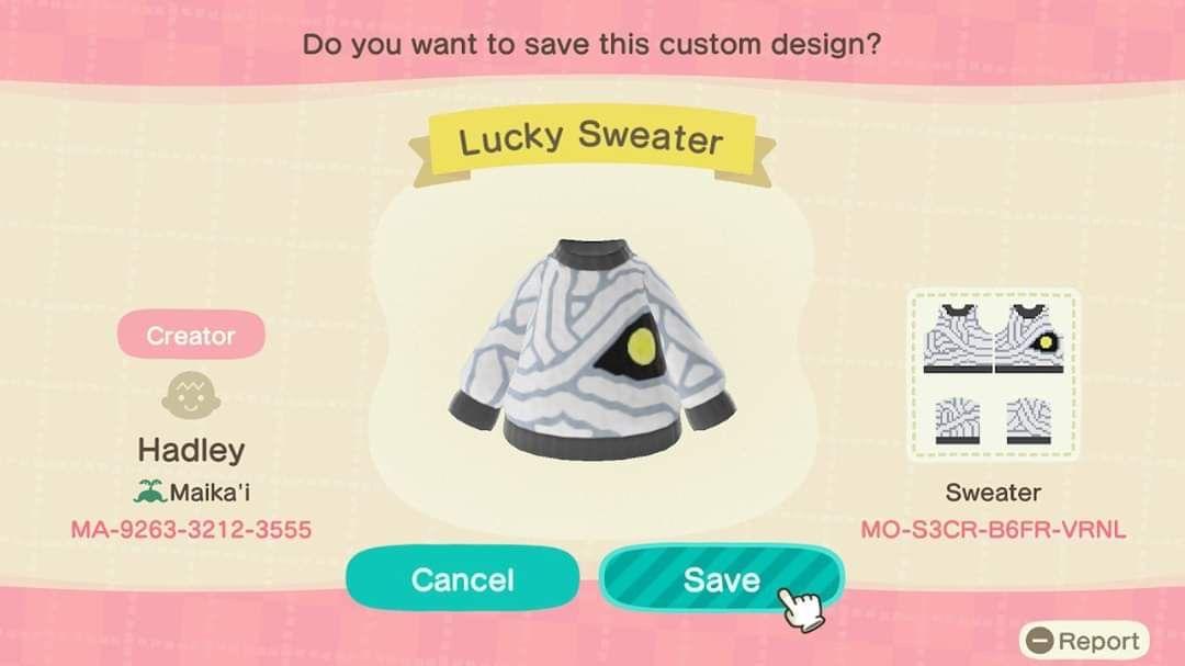 Animal Crossing Design Code: MO-S3CR-B8FR-VRNL Lucky Sweater