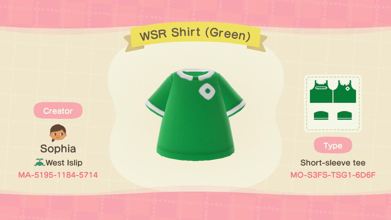 Animal Crossing Design Code: MO-S3FS-TSG1-6D6F WSR Shirt (Green)