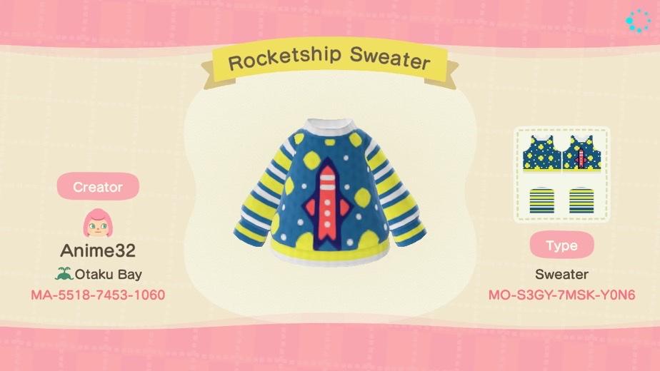 Animal Crossing Design Code: MO-S3GY-7MSK-Y0N6 Rocketship Sweater