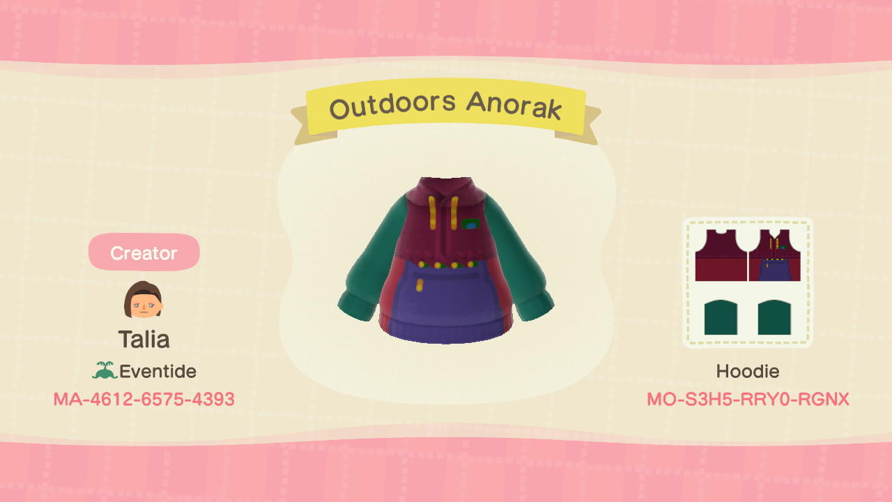 Animal Crossing Design Code: MO-S3H5-RRY0-RGNX Outdoors Anorak