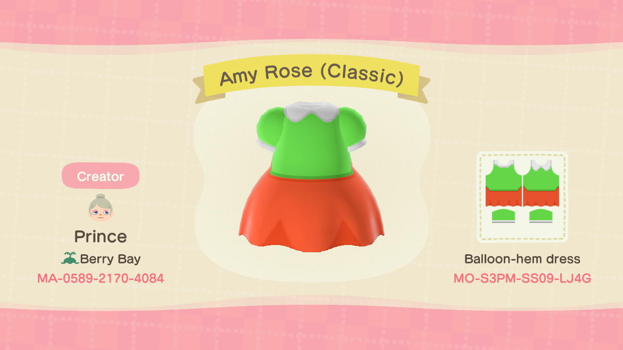 Animal Crossing Design Code: MO-S3PM-SS09-LJ4G Amy Rose (Classic)