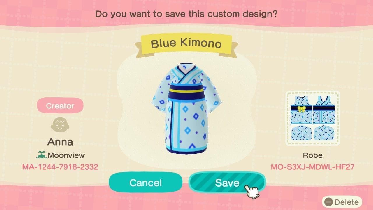 Animal Crossing Design Code: MO-S3XJ-MDWL-HF27 Blue Kimono