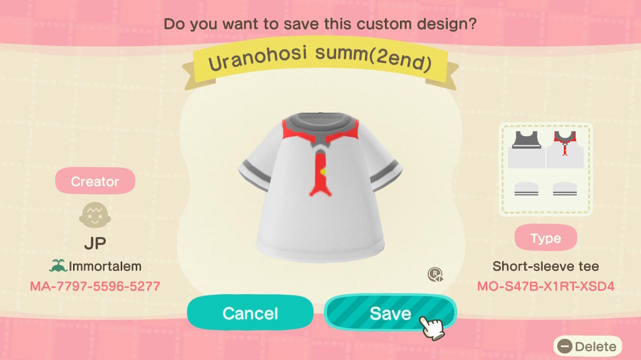 Animal Crossing Design Code: MO-S47B-X1RT-XSD4 Uranohosi summ(2end)