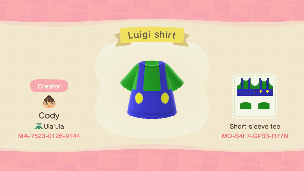 Animal Crossing Design Code: MO-S4F7-GP33-R77N Luigi shirt