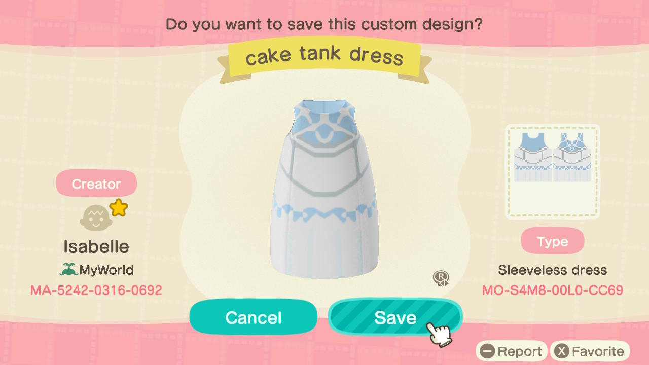 Animal Crossing Design Code: MO-S4M8-00L0-CC69 Cake Tank Dress