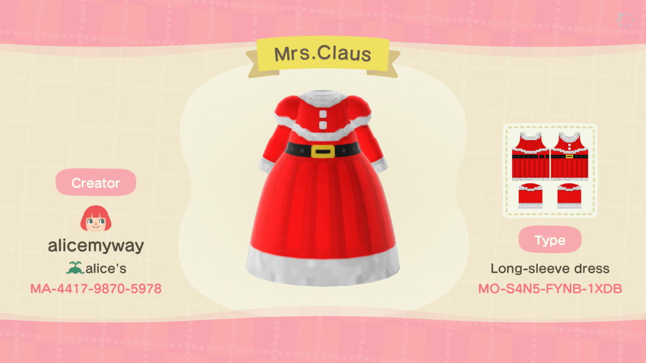 Animal Crossing Design Code: MO-S4N5-FYNB-1XDB Mrs. Claus