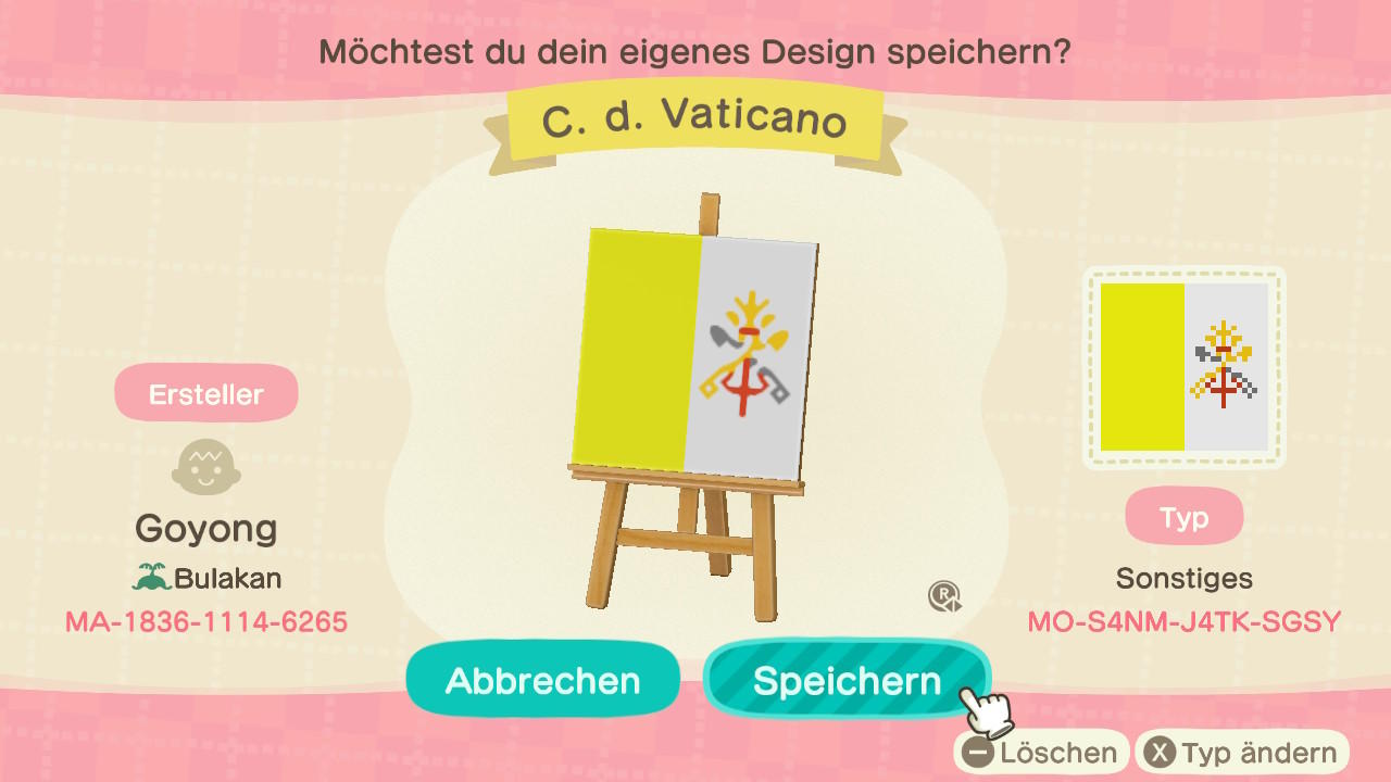 Animal Crossing Design Code: MO-S4NM-J4TK-SGSY Vatican City