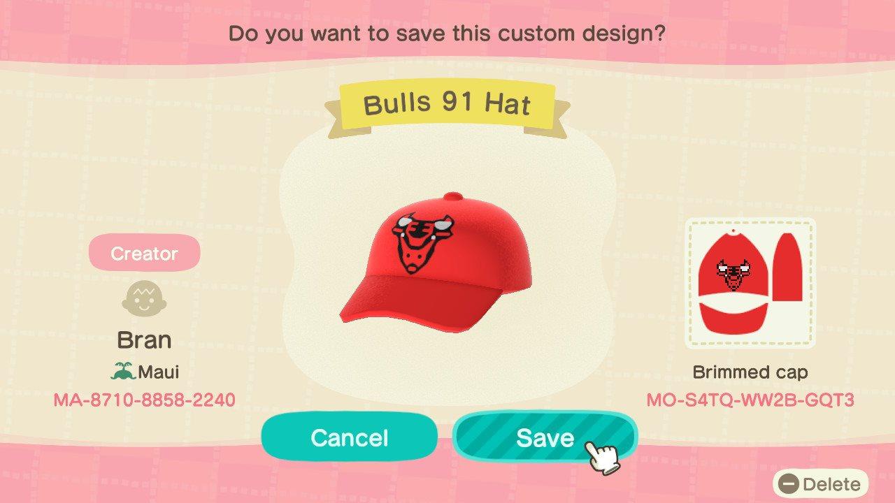 Animal Crossing Design Code: MO-S4TQ-WW2B-GQT3 Bulls 91 Hat