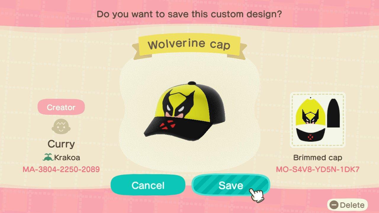 Animal Crossing Design Code: MO-S4V8-YD5N-1DK7 Wolverine cap