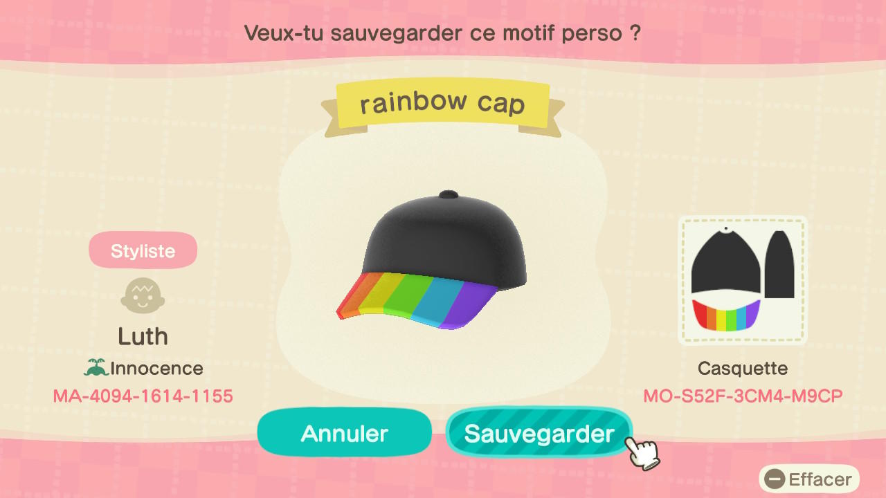 Animal Crossing Design Code: MO-S52F-3CM4-M9CP Rainbow Cap LGBT