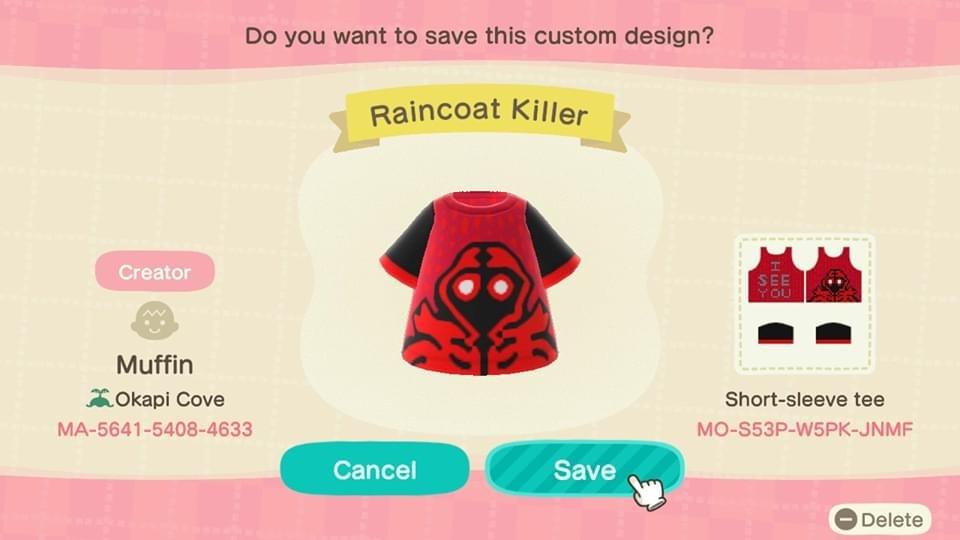 Animal Crossing Design Code: MO-S53P-W5PK-JNMF Raincoat Killer