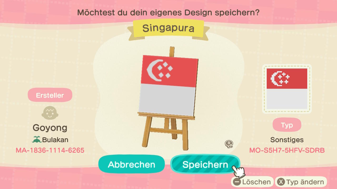 Animal Crossing Design Code: MO-S5H7-5HFV-SDRB Singapore