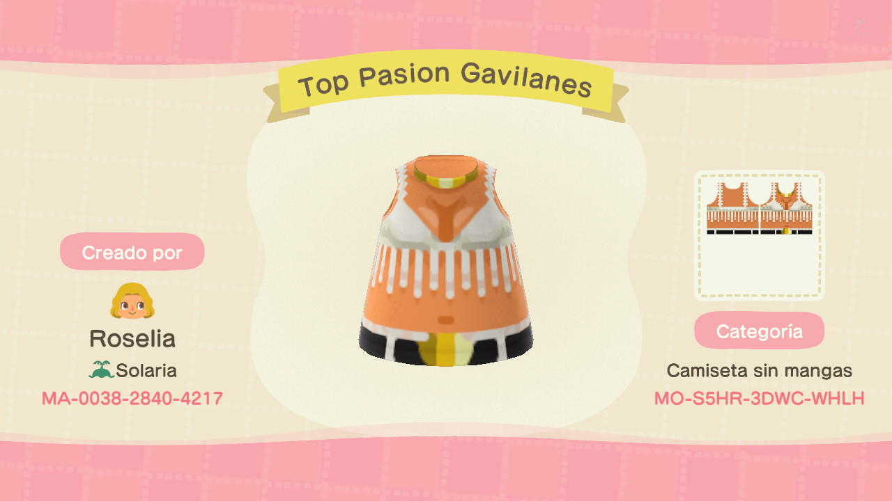 Animal Crossing Design Code: MO-S5HR-3DWC-WHLH Top Pasion Gavilanes