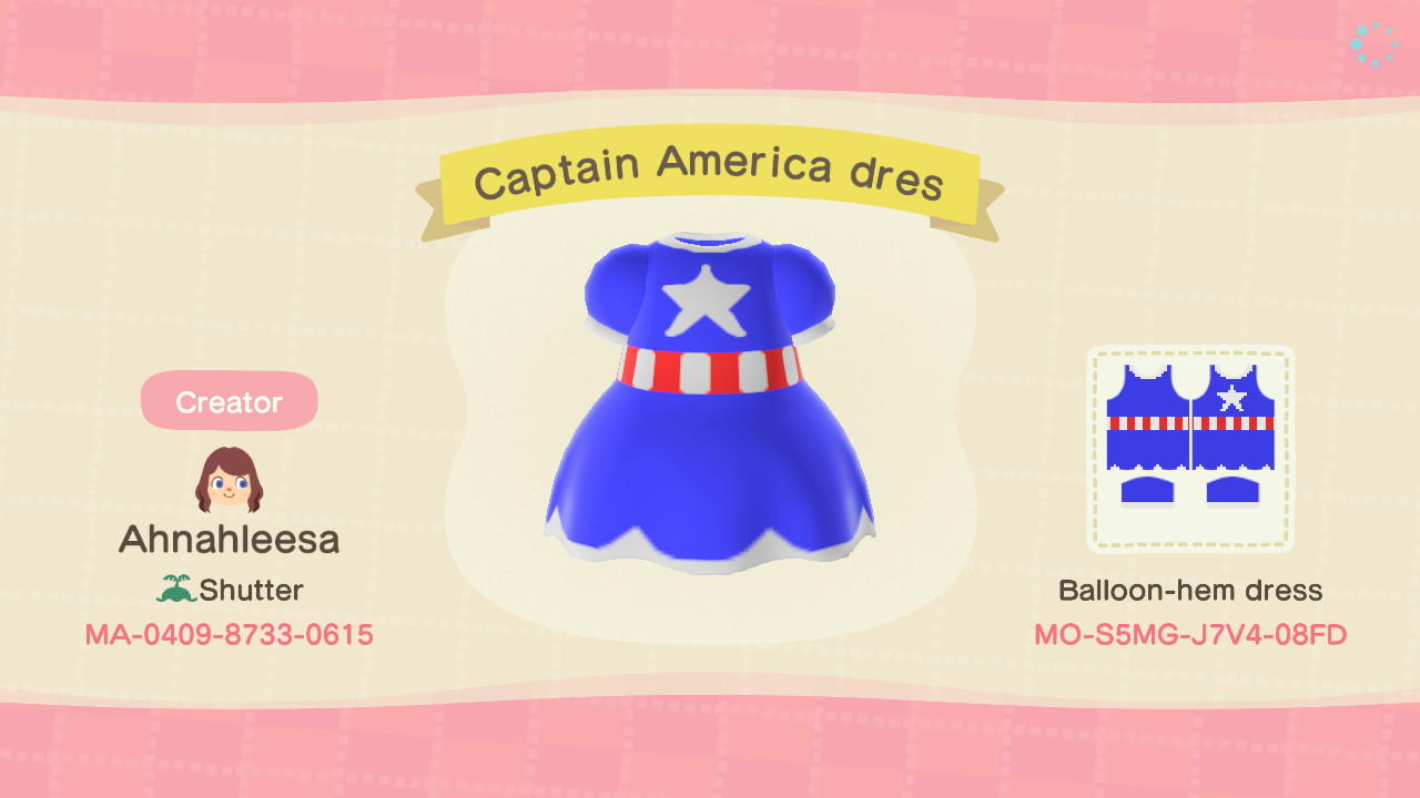 Animal Crossing Design Code: MO-S5MG-J7V4-08FD Captain America dres