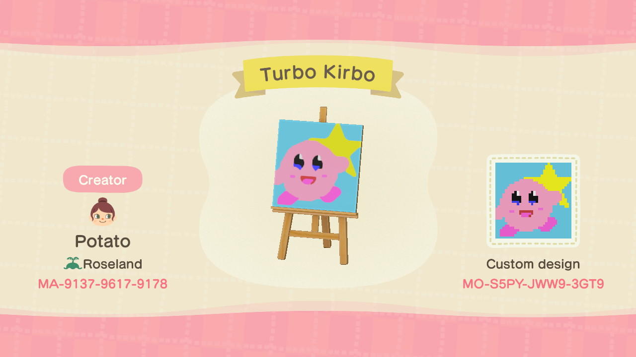 Animal Crossing Design Code: MO-S5PY-JWW9-3GT9 Turbo Kirbo (Kirby)