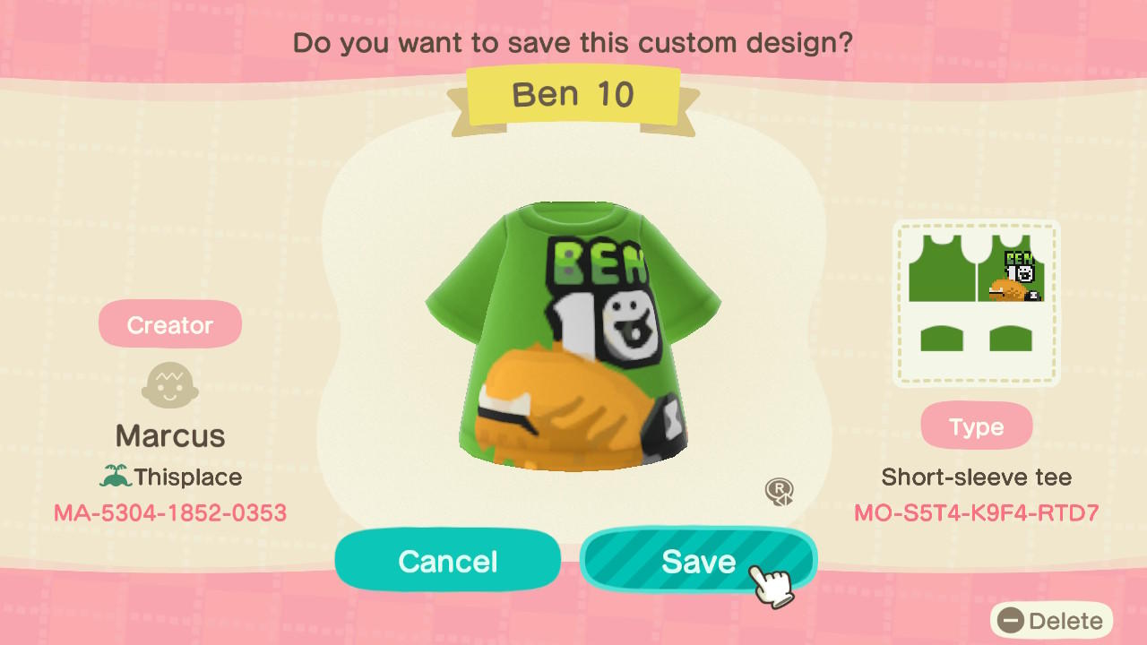 Animal Crossing Design Code: MO-S5T4-K9F4-RTD7 Ben 10 Wildmutt