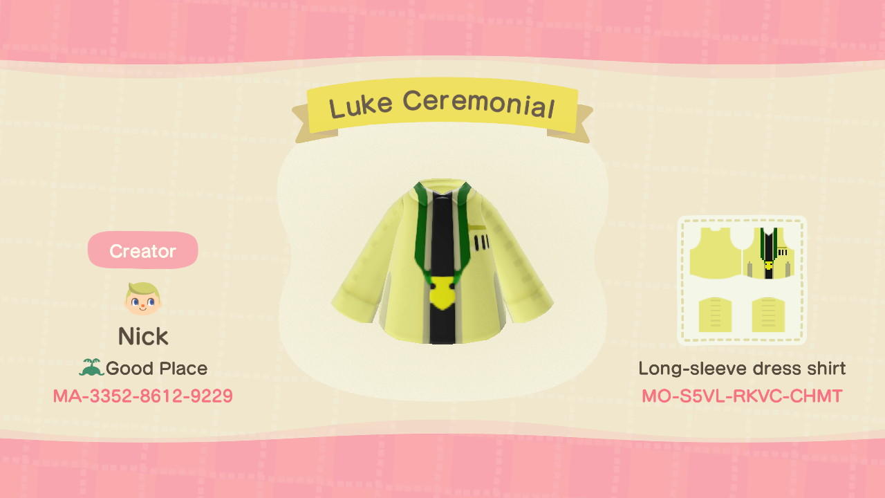 Animal Crossing Design Code: MO-S5VL-RKVC-CHMT Luke Ceremonial