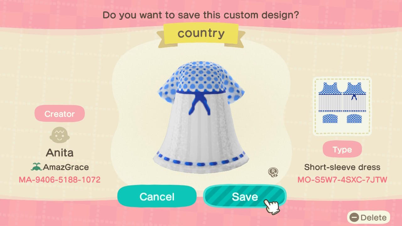 Animal Crossing Design Code: MO-S5W7-4SXC-7JTW Country