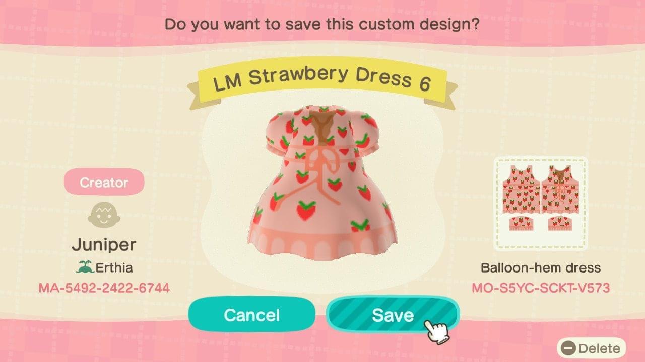 Animal Crossing Design Code: MO-S5YC-SCKT-V573 LM Strawberry Dress