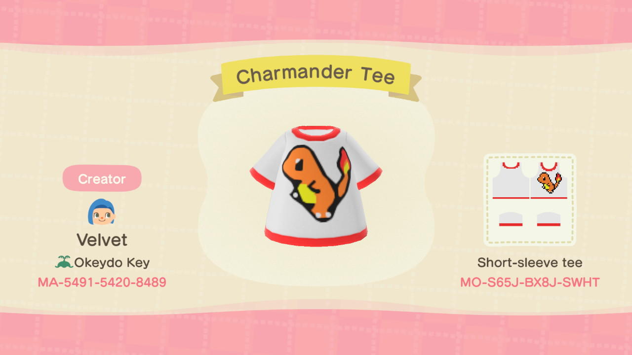 Animal Crossing Design Code: MO-S65J-BX8J-SWHT Charmander Tee