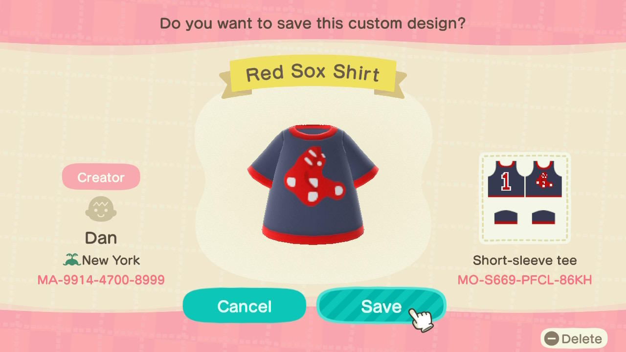 Animal Crossing Design Code: MO-S669-PFCL-86KH Red Sox Shirt
