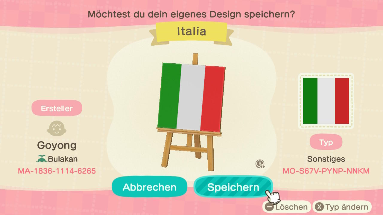 Animal Crossing Design Code: MO-S67V-PYNP-NNKM Italy