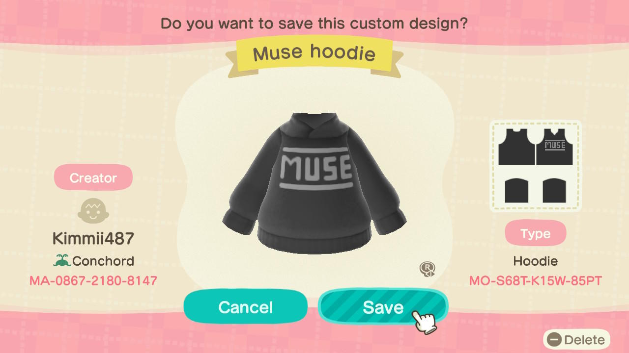 Animal Crossing Design Code: MO-S68T-K15W-85PT Muse Hoodie
