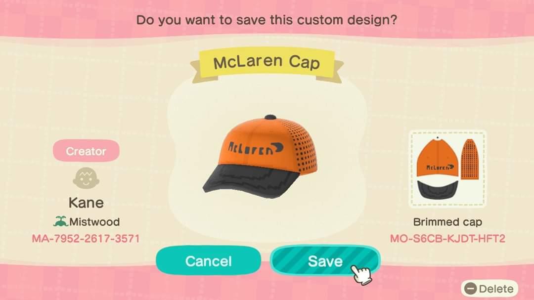Animal Crossing Design Code: MO-S6CB-KJDT-HFT2 McLaren F1 2020 Cap