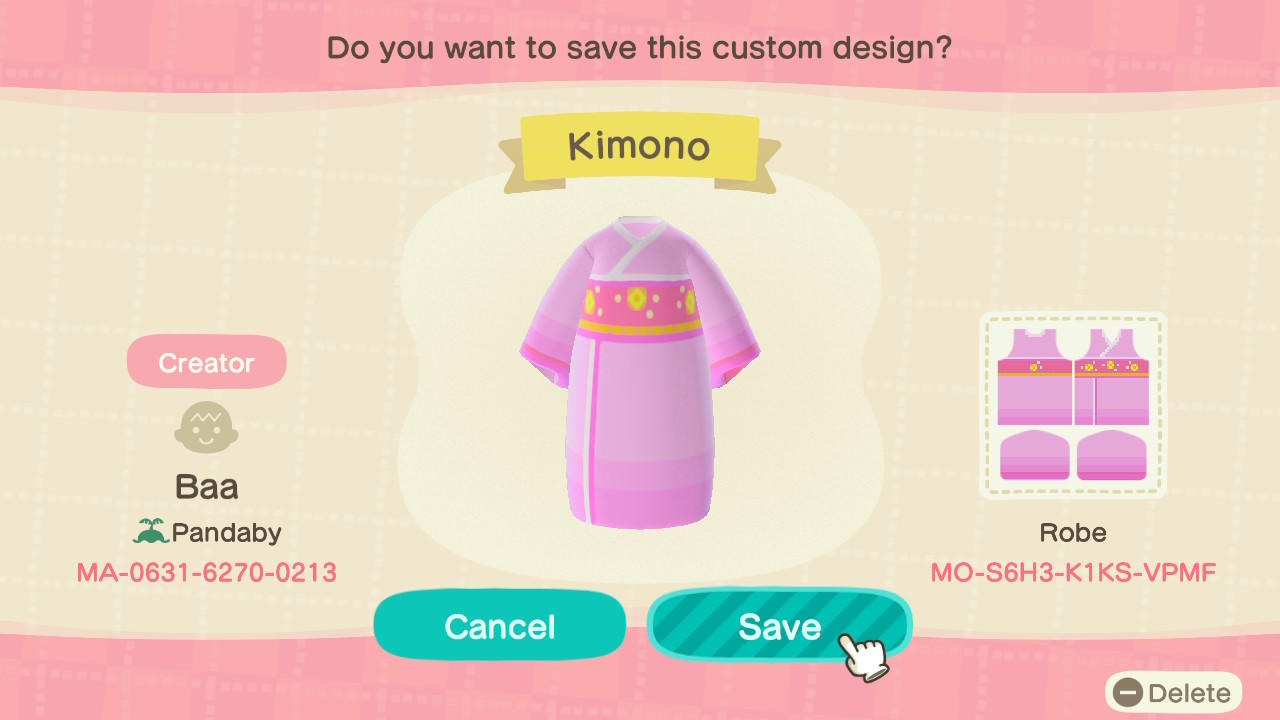 Animal Crossing Design Code: MO-S6H3-K1KS-VPMF Kimono